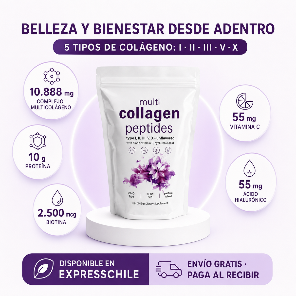 Multi Collagen Peptides – 5 Tipos de Colágeno + Biotina, Vitamina C y Ácido Hialurónico
