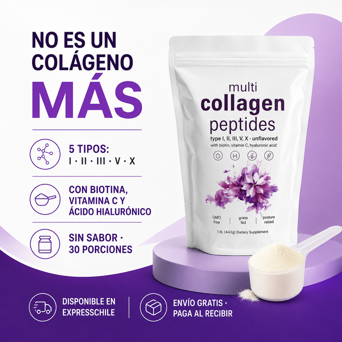 Multi Collagen Peptides – 5 Tipos de Colágeno + Biotina, Vitamina C y Ácido Hialurónico