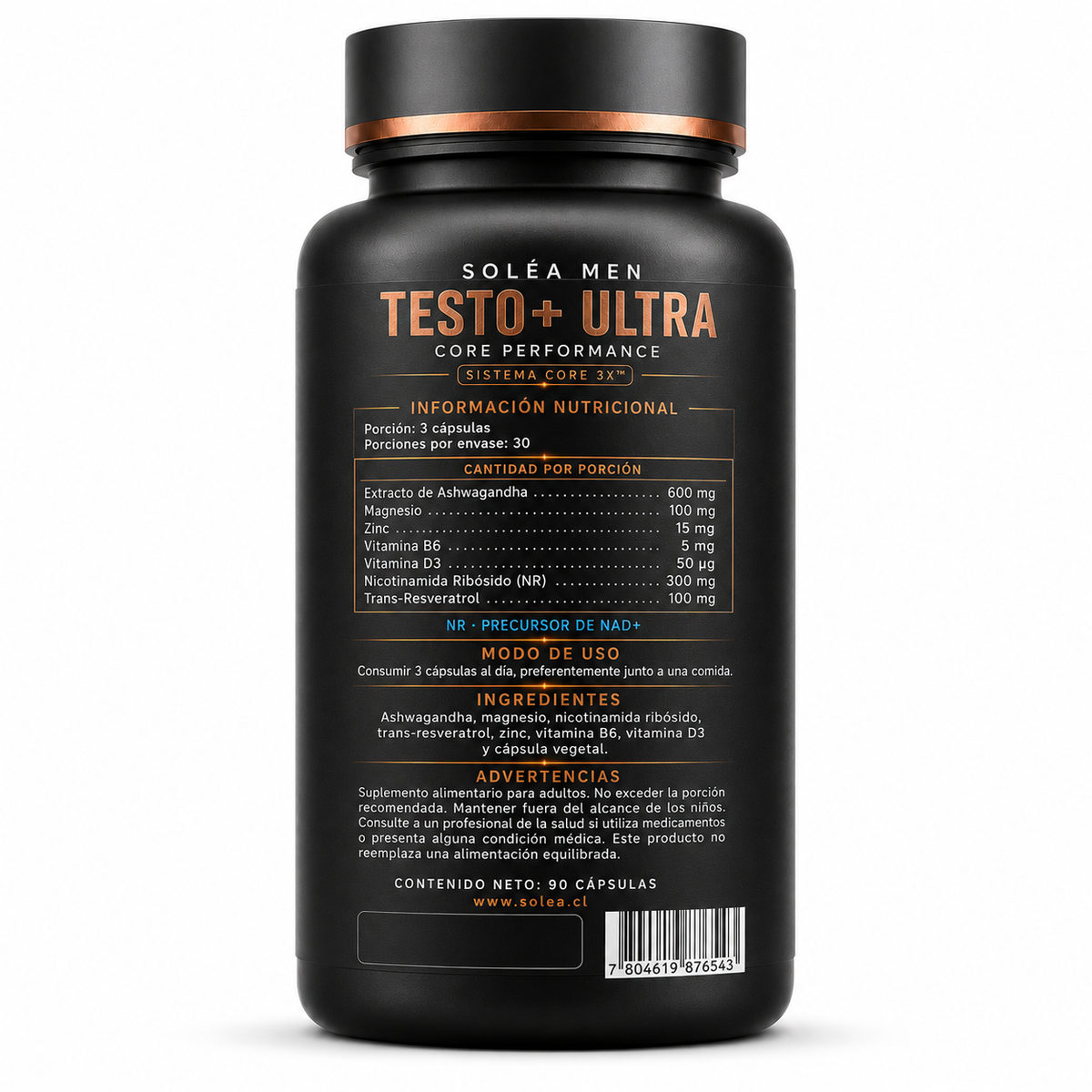 TESTO PLUS ULTRA, Ashwagandha, ZMB + D3 y NR precursor de NAD+ con trans-resveratrol para apoyar energía, enfoque y vitalidad.