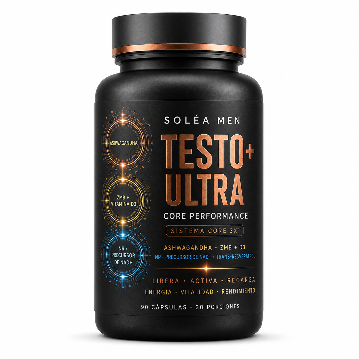 TESTO PLUS ULTRA, Ashwagandha, ZMB + D3 y NR precursor de NAD+ con trans-resveratrol para apoyar energía, enfoque y vitalidad.